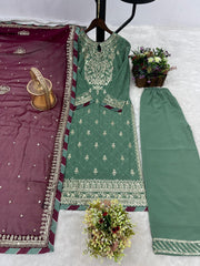 Fantastic Green Color Embroidery Work Top with Palazzo Suit