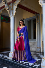 Wonderful Zari Weaving Work Pink & Blue Color Lehenga Choli