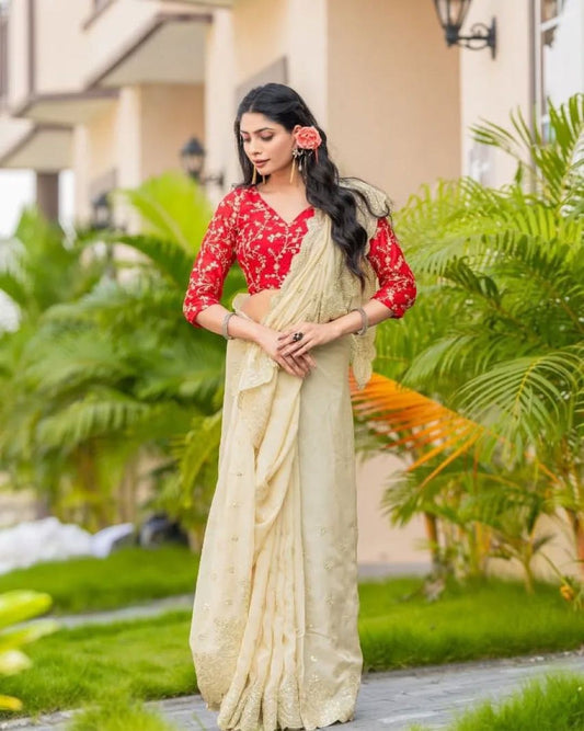 Elegant Banglori Silk Cream Color Designer Saree