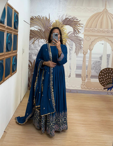 Pretty Blue Rayon Embroidery Work Gown