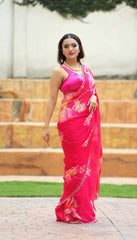 Floral Printed Pink Color Organza Saree