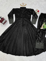 Awesome Chinon Silk Black Color Top With Pent