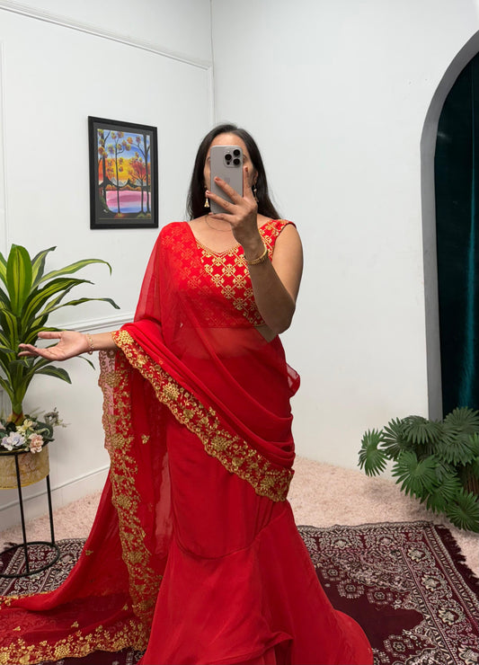 Outstanding Faux Georgette Red Color Lehenga Saree