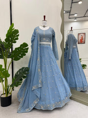 Wedding & Party Wear Georgette Sky Blue Color Lehenga choli