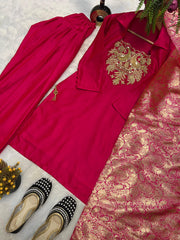 Exclusive Pink Satin Silk Embroidery Work Farshi Salwar Suit