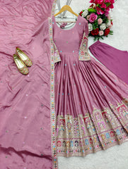 Stunning Embroidery Work Lavender Color Anarkali Gown