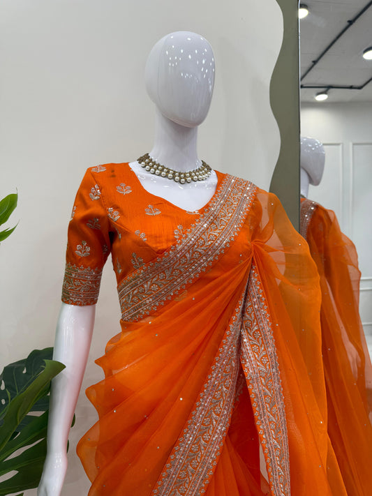 Diamond Work Orange Color Silk Saree