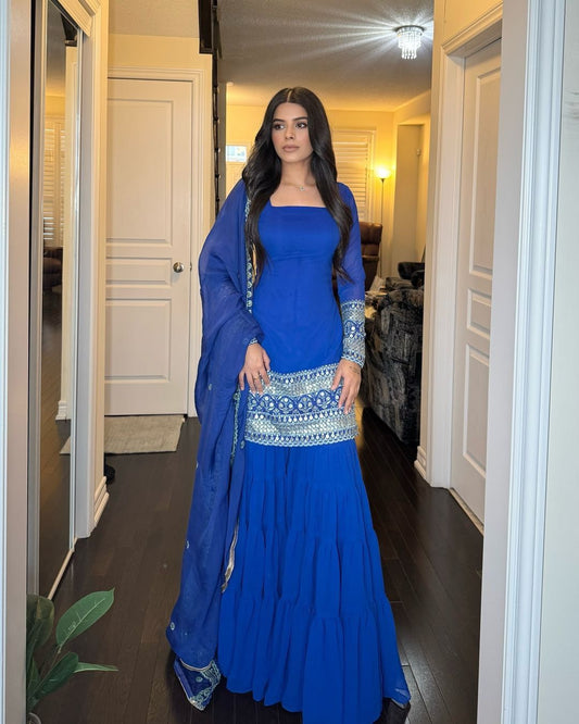 Lovely Georgette Sequence Work Blue Color Sharara Suit