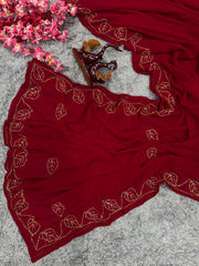 Beautiful Leaf Design Red Color Georgette Saree