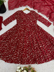 Lovely Red Sequence Work Georgette Gown