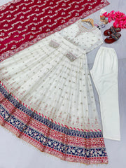 Wedding & Party Wear Embroidery Sequence Work White Color Gown