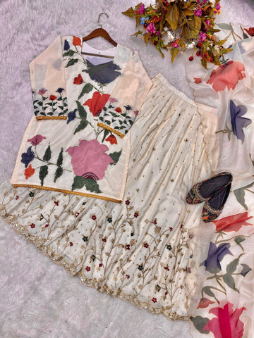 Captivating Chinon Embroidery Work Beige Color Gharara Suit