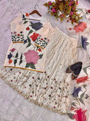 Captivating Chinon Embroidery Work Beige Color Gharara Suit