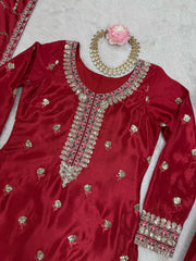 Wonderful Chinon Silk Red Color Salwar Suit