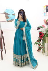 Demanding Georgette Embroidery Work Sky Blue Color Gown