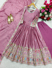 Stunning Embroidery Work Lavender Color Anarkali Gown