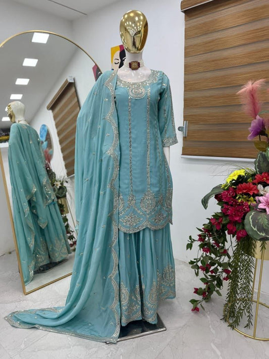 Designer Sky Blue Color Heavy Work Chinon Silk Palazzo Suit