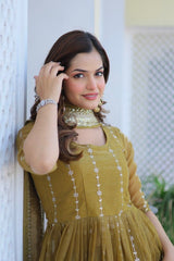 Graceful Sequence Work Mehndi Color Sharara Suit