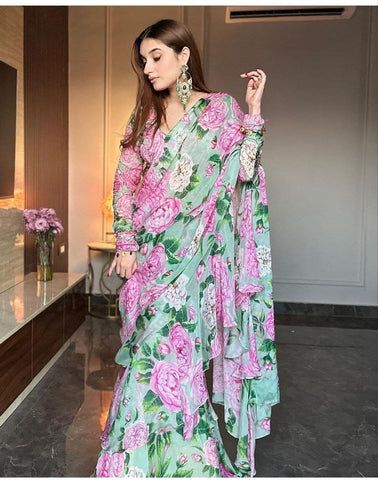 Admiring Flower Print Multi Color Lehenga Saree