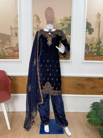 Amazing Navy Blue Velvet Embroidery Work Kurti Set