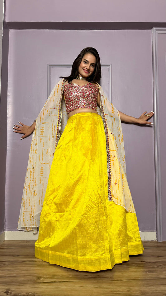 Stylish Kasturi Slub Silk Yellow Color Designer Lehenga Choli With Koti