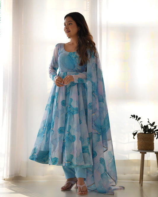Sky Blue Color Organza Silk Anarkali Suit
