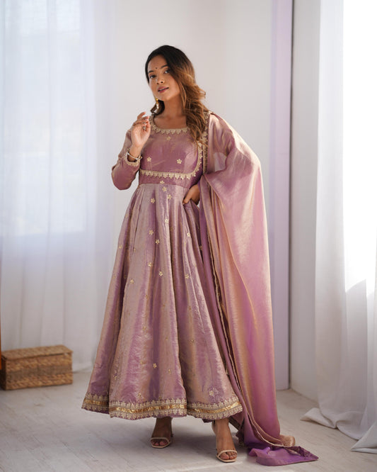 Shining Sequence Work Pink Color Silk Gown