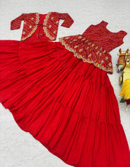 Function Wear Bandhej Red Color Top With Lehenga With Koti