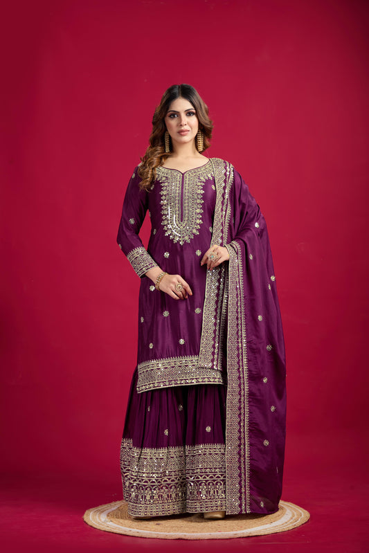 Fantastic Embroidery Sequence Work Wine Color Sharara Suit