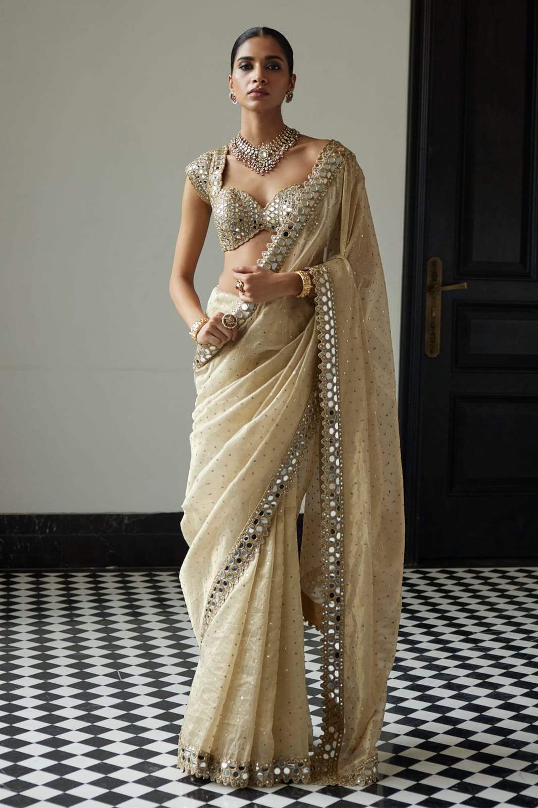 Stylish Cream Color Organza Mirror Work Saree