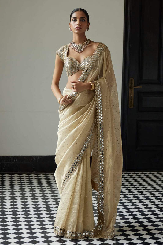 Stylish Cream Color Organza Mirror Work Saree