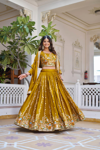 Exclusive Mustard Vichitra Embroidery Work Lehenga