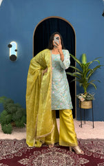 Imposing Jimmy Choo Sky Blue & Yellow Color Palazzo Suit