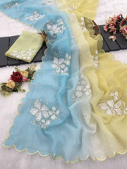 Fantastic Embroidery Work Sky & Yellow Multi Color Saree