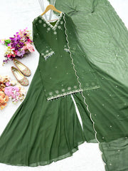 Captivating Green Color Embroidered Sharara Suit