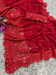 Party Wear Embroidery Work Red Color Saree