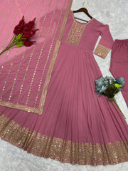 Designer Sequence Work Long Pink Gown WIth Dupatta