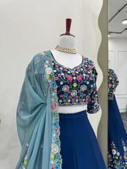 Designer Chinon Silk Sequence Work Blue Color Lehenga Choli
