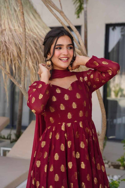 Attractive Maroon Jacquard Weaving Anarkali Suit