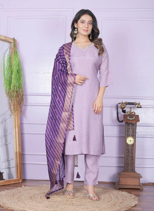 Attractive Purple Salwar Suit With Leheriya Dupatta