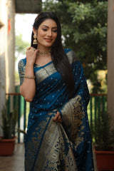 Embellished Kanjivaram Silk Teal Color Zari Weaving  Saree