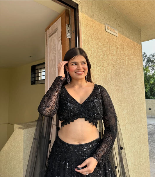 Wedding & Party Wear Georgette Black Color Lehenga Choli