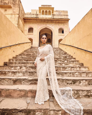 Classy Embroidery Work White Color Designer Saree