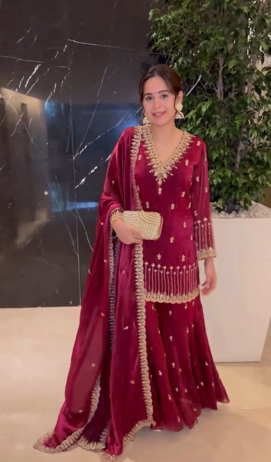 Gorgeous Pink Color Embroidery Work Sharara Suit
