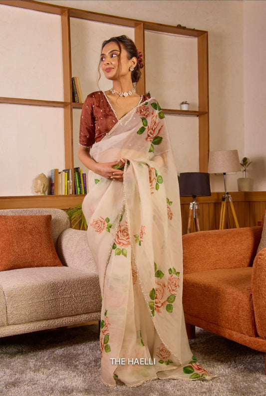 Beautiful Floral Print With Work White Color Saree