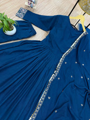 Pretty Blue Rayon Embroidery Work Gown