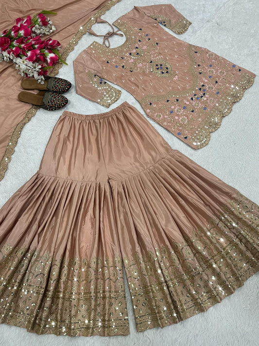 Stylish Heavy Work Peach Color Sharara Suit