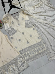 Glorious Chinon Embroidery Work Cream Color Sharara Suit