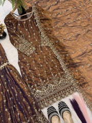 Exclusive Brown Heavy Fandy Silk Embroidery Sharara Suit