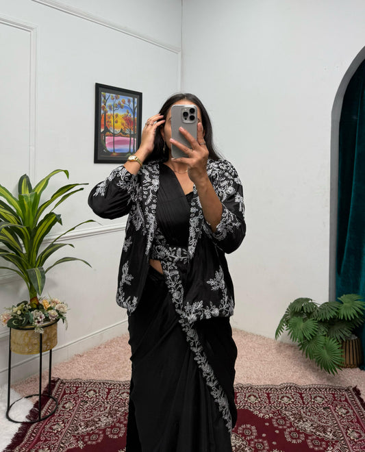 Wonderful Embroidery Work Black Color Saree With Koti